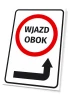 Tabliczka Wjazd obok strzałka w prawo - Wzór graficzny. Czerwony okrąg z napisem WJAZD OBOK i czarna strzałka w prawo