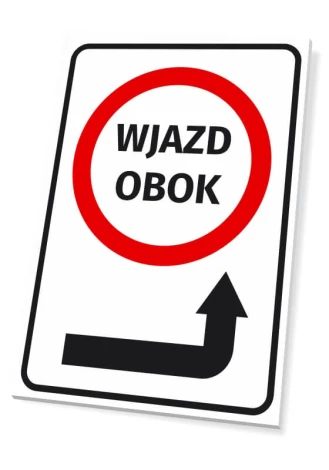Tabliczka Wjazd obok strzałka w prawo - Wzór graficzny. Czerwony okrąg z napisem WJAZD OBOK i czarna strzałka w prawo