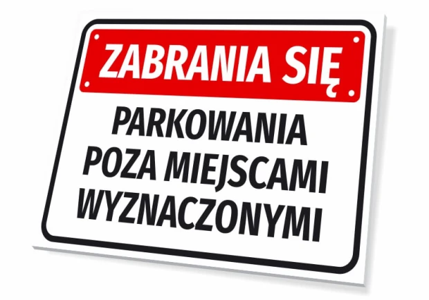 Tabliczka Zabrania się parkowania poza miejscami wyznaczonymi - Wzór graficzny. Prostokątna tabliczka z czerwonym tłem