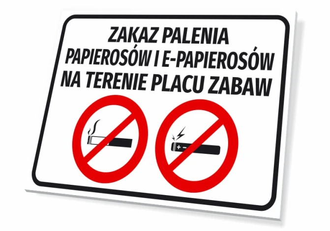 Tabliczka Zakaz palenia papierosów i e-papierosów na terenie placu zabaw - Wzór graficzny. Prostokątna tabliczka