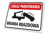 Tabliczka Zakaz parkowania Brama wjazdowa - Wzór graficzny. Czerwony prostokąt z białym napisem, czarna grafika samochodu