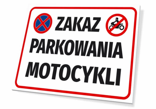 Tabliczka Zakaz parkowania motocykli - Wzór graficzny. Na białym tle czerwone okręgi z przekreślonymi symbolami
