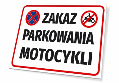Tabliczka Zakaz parkowania motocykli - Wzór graficzny. Na białym tle czerwone okręgi z przekreślonymi symbolami