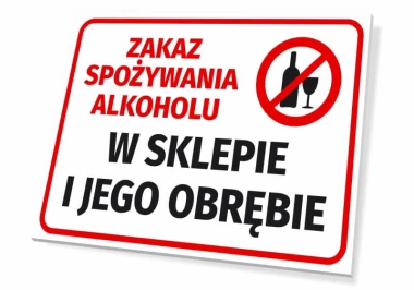 Tabliczka Zakaz spożywania alkoholu w sklepie i jego obrębie - Wzór graficzny. Czerwony okrąg z przekreśloną butelką