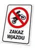Tabliczka Zakaz wjazdu dla motocykli motocross - Wzór graficzny. Czerwony okrąg z przekreśloną sylwetką motocyklisty. Czarny