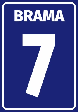 Naklejka Brama z numerem lub literą - Wzór graficzny. Na niebieskim tle biała ramka i duże białe litery oraz liczba 7