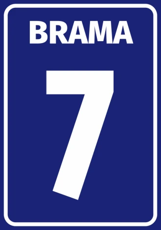Naklejka Brama z numerem lub literą - Wzór graficzny. Na niebieskim tle biała ramka i duże białe litery oraz liczba 7