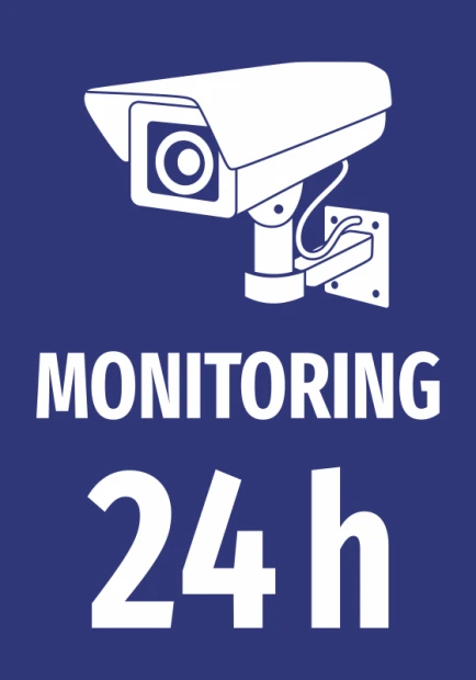 Niebieska naklejka informacyjna z białym piktogramem kamery oraz napisem MONITORING 24h na szyby i drzwi