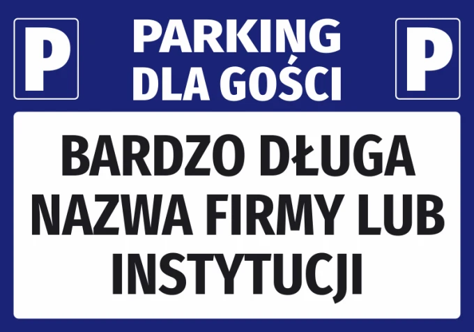 Naklejka Parking dla gości z polem na nazwę - Wzór graficzny. Niebieskie tło z białymi literami i symbolami P