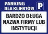 Naklejka Parking dla klientów z polem na nazwę - Wzór graficzny. Prostokątna naklejka z niebieskim tłem i białym tekstem
