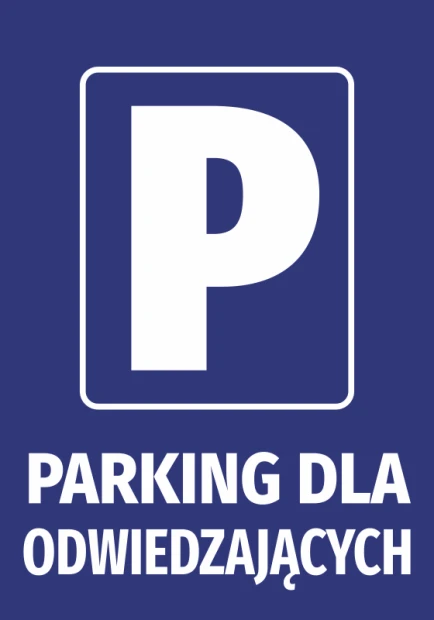Niebieska naklejka BHP z białym piktogramem litery P i napisem Parking dla odwiedzających na białym tle