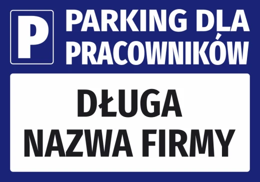 Niebieska naklejka parkingowa z piktogramem P i białym polem na wpisanie nazwy przedsiębiorstwa na białym tle