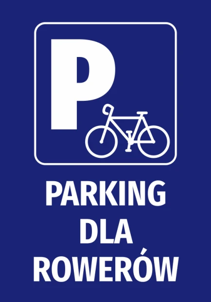 Naklejka Parking dla rowerów - Wzór graficzny. Niebieskie tło z białym symbolem roweru i literą P