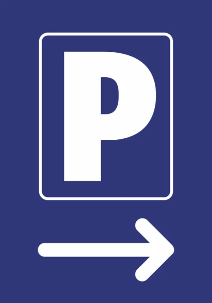 Naklejka Parking kierunek w prawo - Wzór graficzny. Na niebieskim tle biała litera P oraz strzałka w prawo