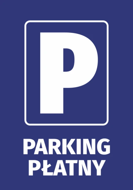Niebieska naklejka parkingowa z białym piktogramem litery P oraz czytelnym napisem Parking płatny