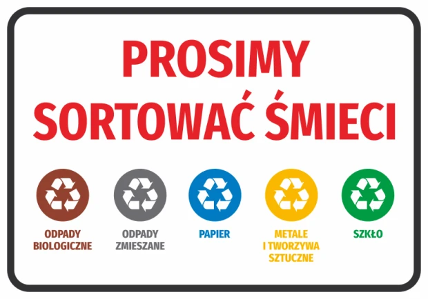 Naklejka z czerwonym napisem Prosimy sortować śmieci i kolorowymi piktogramami segregacji na białym tle