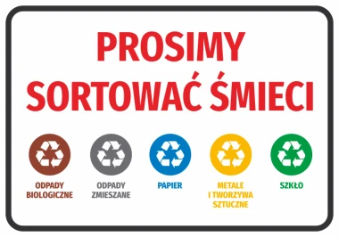Naklejka Prosimy sortować śmieci - Wzór graficzny. Tekst w czerwonym kolorze na białym tle z ikonami recyklingu