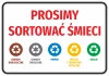 Naklejka Prosimy sortować śmieci - Wzór graficzny. Tekst w czerwonym kolorze na białym tle z ikonami recyklingu