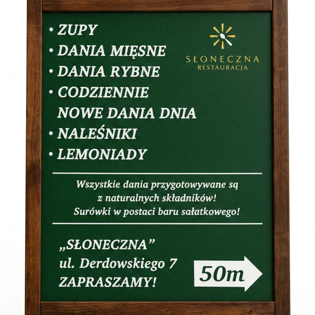 Potykacz kredowy z indywidualnym nadrukiem - Wzór graficzny. Zielona tablica z białym tekstem i białymi ikonami