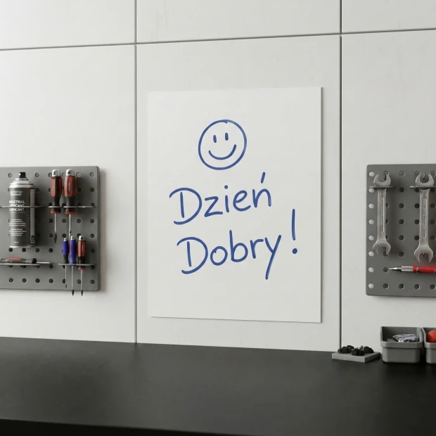 Tablica suchościeralna adhezyjna do wielokrotnego odklejania i przyklejania - Wzór graficzny. Na tablicy widoczne są napisy