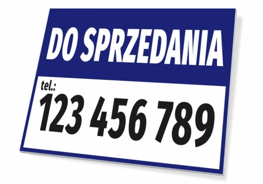 Tabliczka Do sprzedania z przykładowym numerem telefonu na białym tle