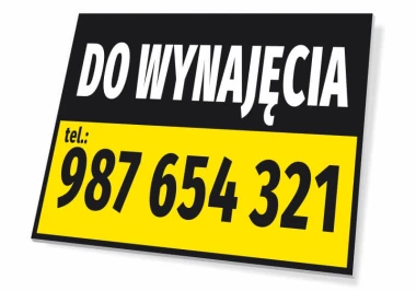 Tabliczka Do wynajęcia, z numerem telefonu - Wzór graficzny. Czarny prostokąt z białym napisem i żółtym tłem dla numeru