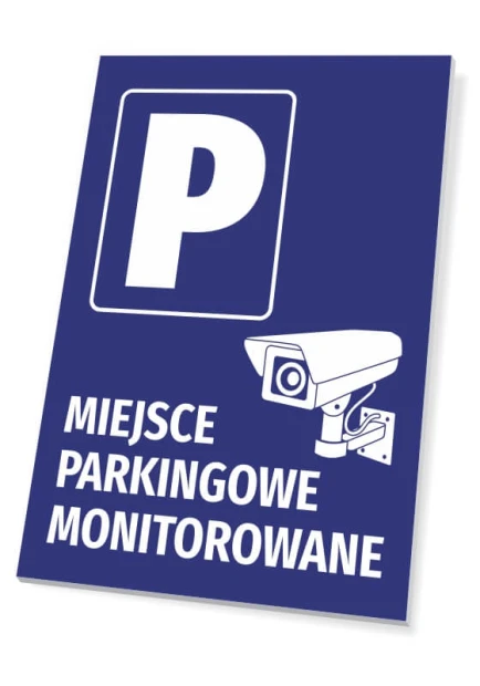 Niebieska tabliczka z piktogramem kamery, znakiem P i napisem Miejsce parkingowe monitorowane na białym tle