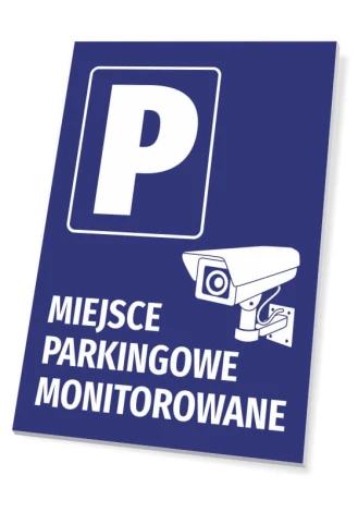 Tabliczka Miejsce parkingowe monitorowane - Wzór graficzny. Na niebieskim tle duża litera P oraz kamera monitorująca