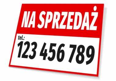 Tabliczka Na sprzedaż, z numerem telefonu - Wzór graficzny. Czerwone tło z białym napisem i czarnym numerem telefonu