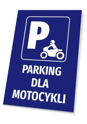Niebieska tabliczka z białym napisem PARKING DLA MOTOCYKLI oraz piktogramem motocykla i litery P