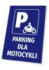 Tabliczka Parking dla motocykli - Wzór graficzny. Niebieskie tło z białym symbolem motocykla i napisem