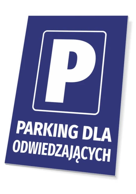 Niebieska tabliczka parkingowa z białym znakiem P oraz napisem Parking dla odwiedzających na białym tle