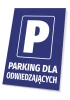 Tabliczka Parking dla odwiedzających - Wzór graficzny. Niebieskie tło z białą literą P oraz napisem