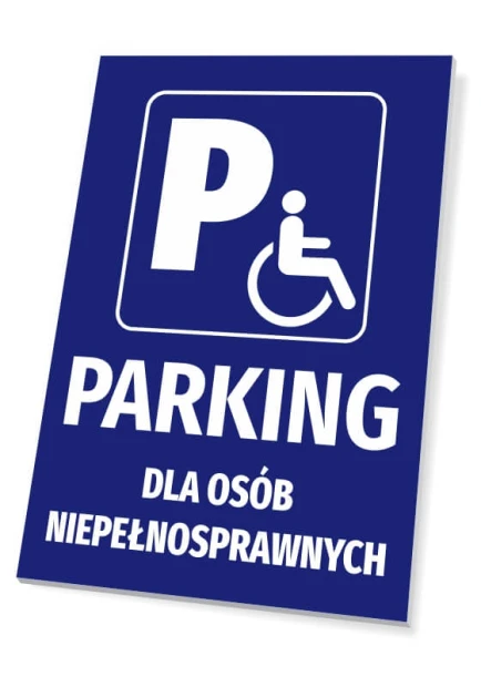 Tabliczka Parking dla osób niepełnosprawnych - Wzór graficzny. Niebieskie tło z białym symbolem wózka inwalidzkiego