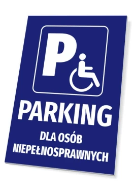 Tabliczka Parking dla osób niepełnosprawnych - Wzór graficzny. Niebieskie tło z białym symbolem wózka inwalidzkiego