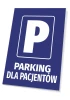 Tabliczka Parking dla pacjentów - Wzór graficzny. Prosta grafika z dużą literą P w prostokącie. Tekst w dolnej części