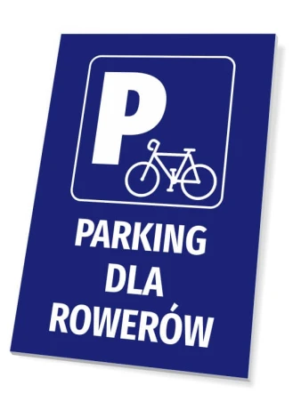 Tabliczka Parking dla rowerów - Wzór graficzny. Niebieskie tło z białym symbolem roweru i literą P