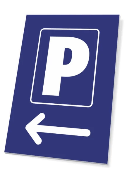 Tabliczka Parking kierunek w lewo - Wzór graficzny. Na niebieskim tle znajduje się biała litera P oraz strzałka w lewo