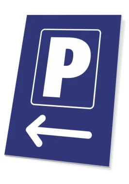Tabliczka Parking kierunek w lewo - Wzór graficzny. Na niebieskim tle znajduje się biała litera P oraz strzałka w lewo