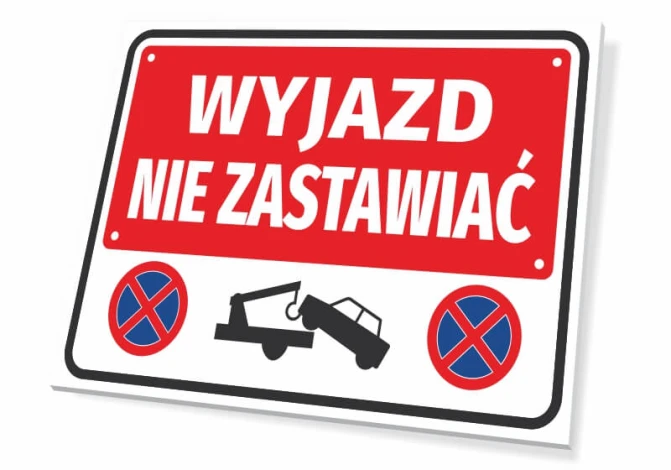 Tabliczka Wyjazd Nie zastawiać - Wzór graficzny. Czerwony prostokąt z białym napisem, symbole samochodu i znaki zakazu