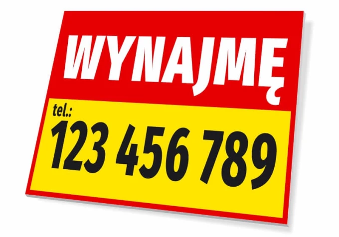 Tabliczka Wynajmę, z numerem telefonu - Wzór graficzny. Czerwone tło z białym napisem i żółtym paskiem z czarnymi cyframi