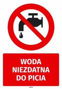 Naklejka BHP Woda niezdatna do picia - Wzór graficzny. Czerwona okrągła ramka z przekreśloną czarną kranem i kroplą. Pod