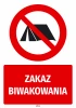 Naklejka BHP Zakaz biwakowania - Wzór graficzny. Czerwony okrąg z przekreślonym namiotem na białym tle. Pod nim napis ZAKAZ