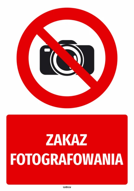 Naklejka BHP z czerwonym znakiem zakazu fotografowania i białym napisem na czerwonym tle na białym tle