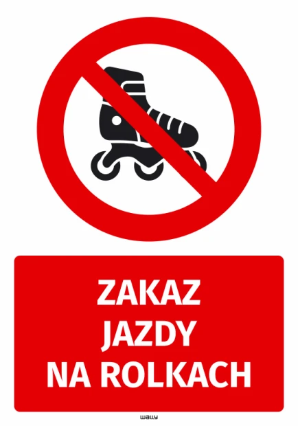 Naklejka BHP z czerwonym znakiem zakazu jazdy na rolkach i białym napisem na czerwonym tle na białym tle