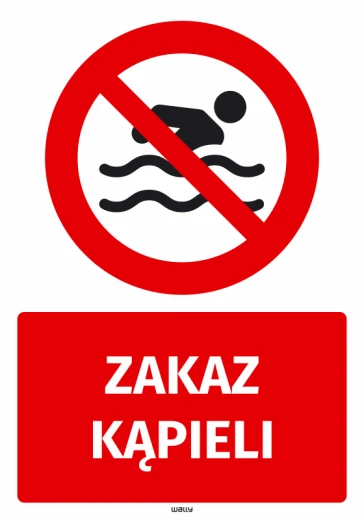 Naklejka BHP na białym tle z czerwonym znakiem zakazu kąpieli i białym napisem ZAKAZ KĄPIELI na czerwonym polu