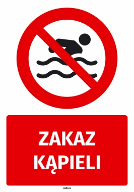 Naklejka BHP Zakaz kąpieli - Wzór graficzny. Czerwone tło z przekreślonym symbolem pływającej postaci