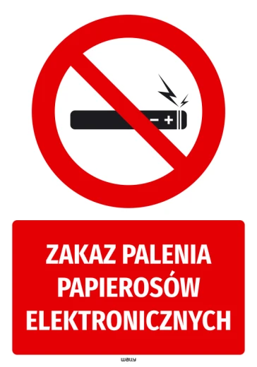 Naklejka BHP na białym tle z czerwonym znakiem zakazu palenia e-papierosów i białym napisem na czerwonym polu
