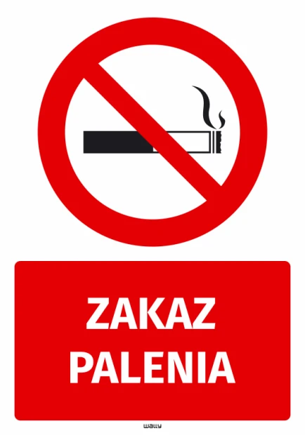 Naklejka BHP z czerwonym piktogramem przekreślonego papierosa i białym napisem ZAKAZ PALENIA na czerwonym tle