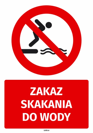Naklejka BHP na białym tle z czerwonym znakiem zakazu skakania do wody i białym napisem na czerwonym polu